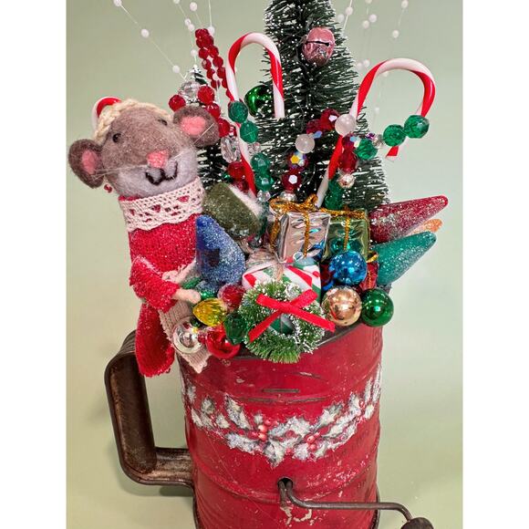 Christmas Assemblage in a Vintage Red Flour Sifter with Mouse and Holiday Decor - Picture 2 of 6